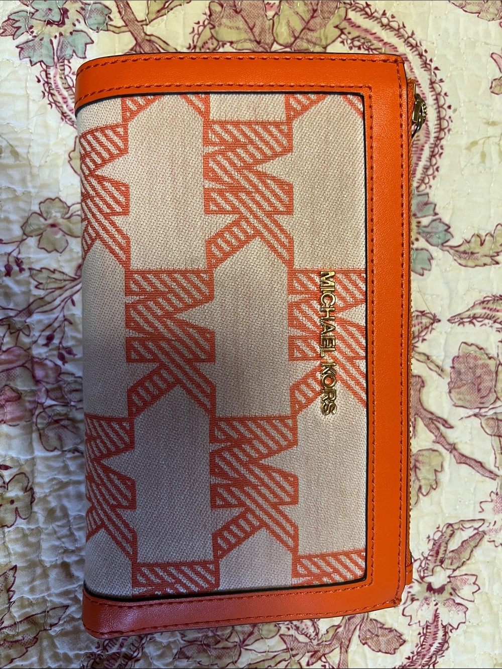 Michael Kors Orange and Cream Logo Zip Wallet